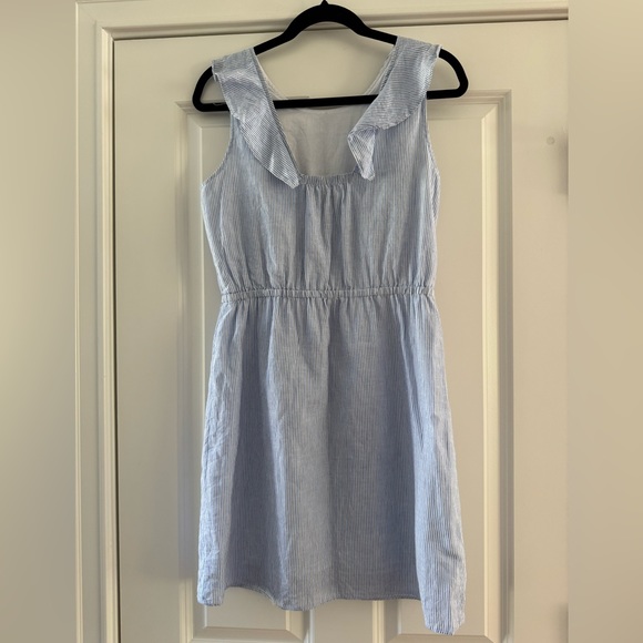 J. Crew Ruffle Sleeveless Linen Cotton Dress SZ 6 Blue White Stripes - Picture 9 of 16